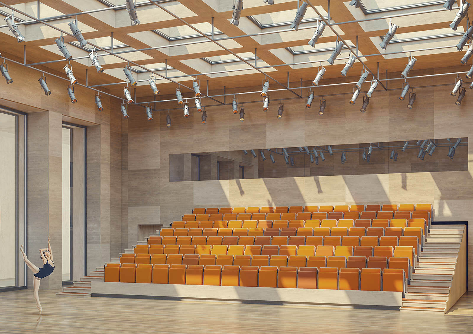 Visualisation of dance studio with bleacher seating and timber acoustic panels
