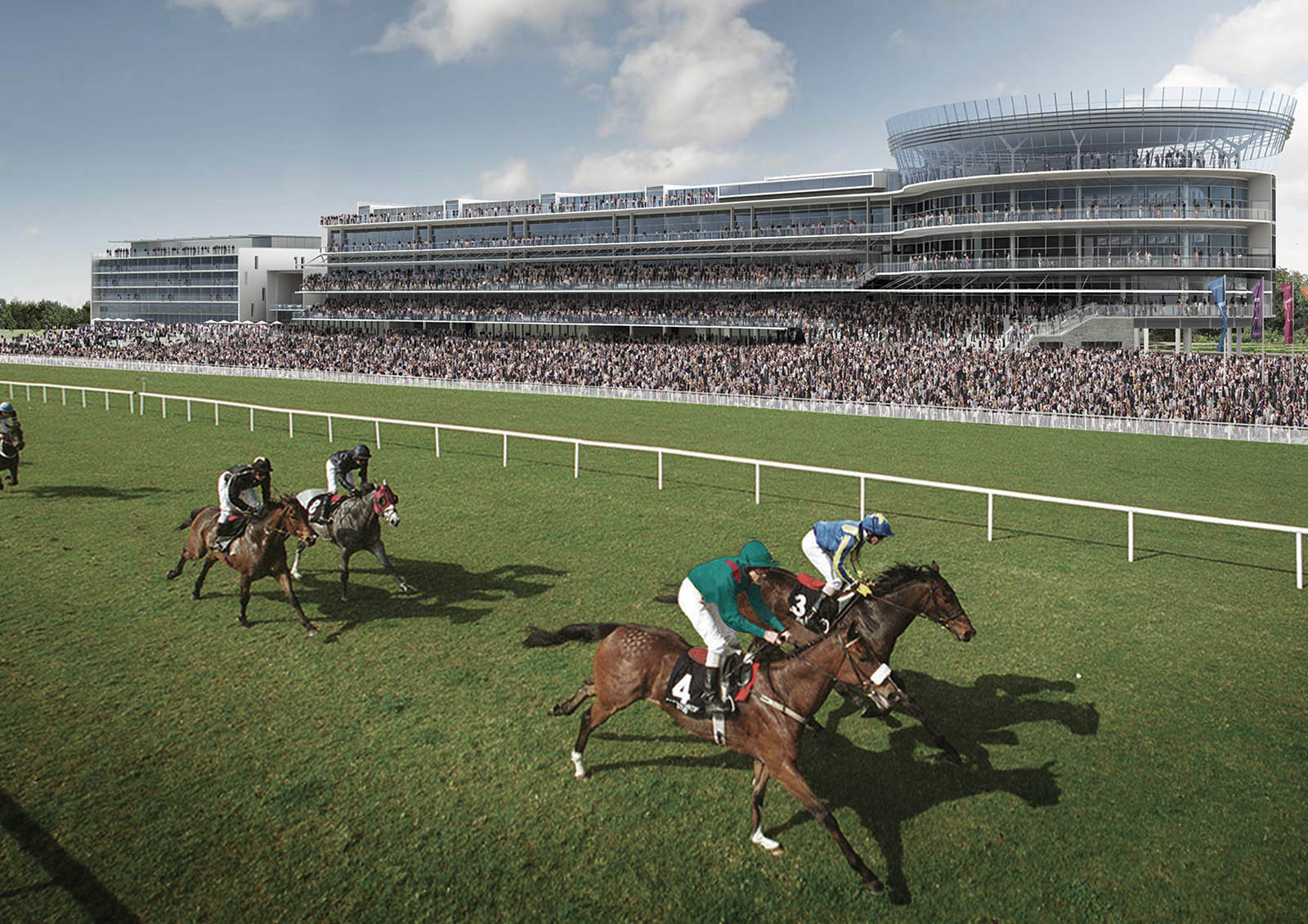 Visualisation of horses racing in front of large VIP boxes